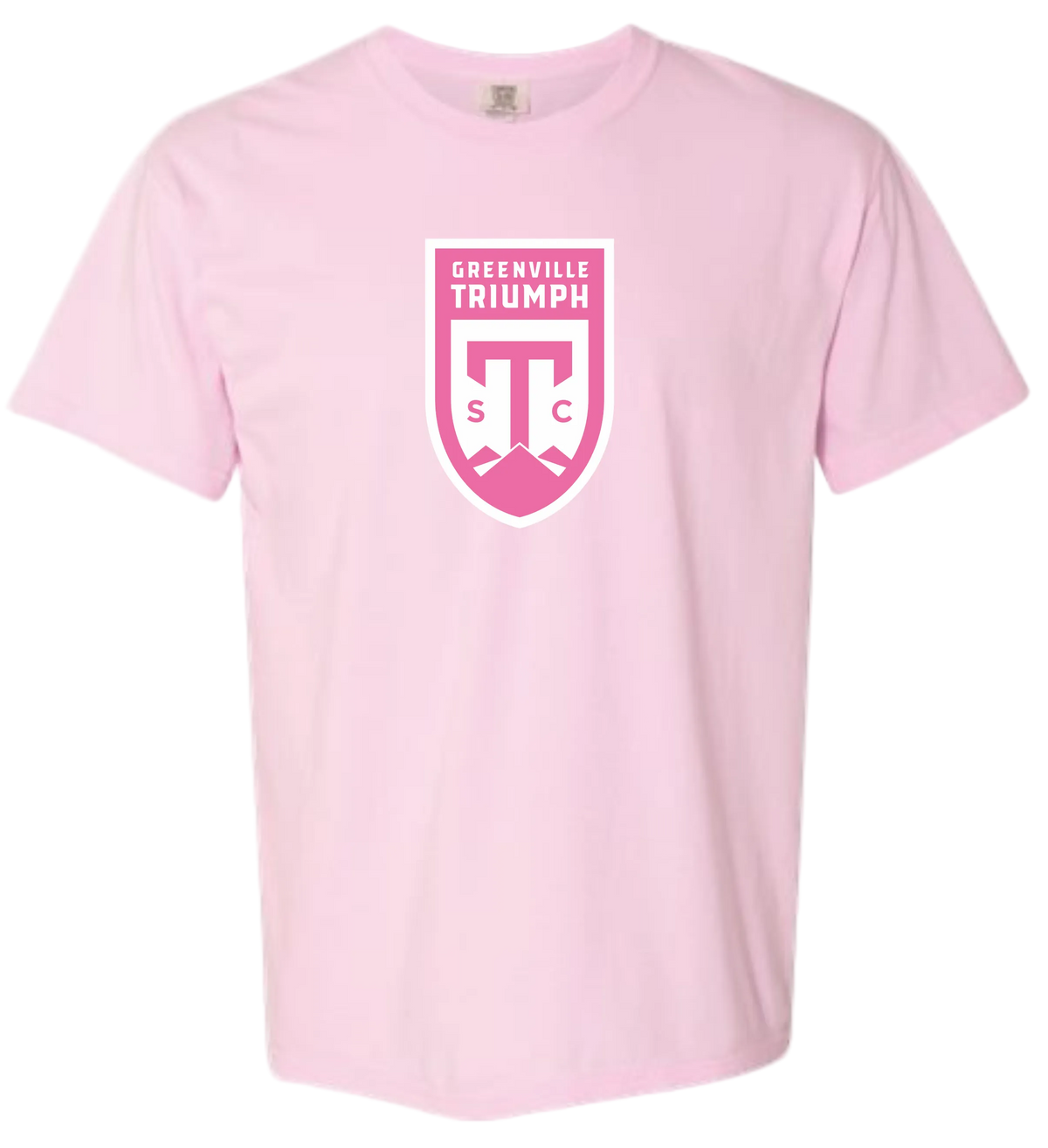 A light pink short-sleeve crewneck t-shirt featuring a pink and white shield crest on the chest with the text 'GREEVILLE TRIUMPH' and 'T C'.
